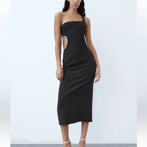 Zara NWT black one shoulder rhinestone side cutout detail midi dress - Picture 2 of 9